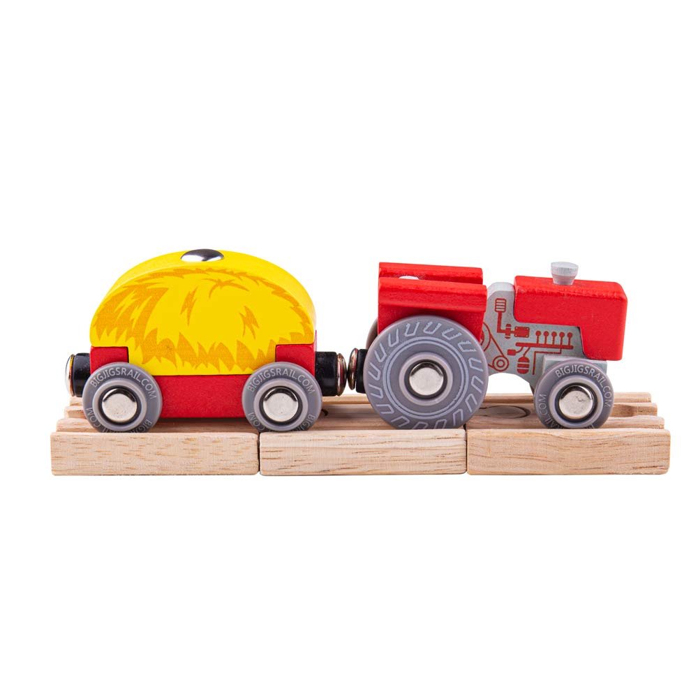 Bigjigs Rail Red Tractor & Wagon Toy Train (2pcs) - Wooden Trains, Kids Railway Accessories, Gifts for Toddlers & Children, Compatible with Most Other Rail Brands, Age 3 Years Old +