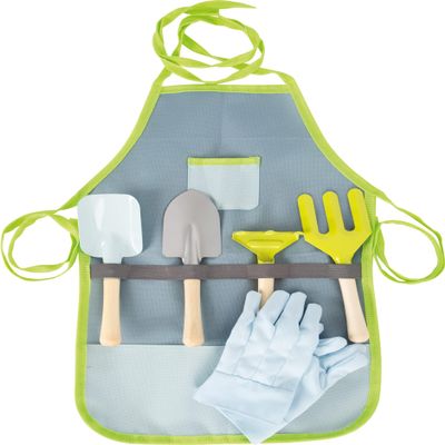 Gardening Tool Playset by Small Foot  7 Piece Kids Set Includes Apron, Gloves, Shovel, Rake, Trowel & Spade  Sturdy Metal Heads & Wooden Handles - Develops Motor Skills, Creative Play Ages 3+ years