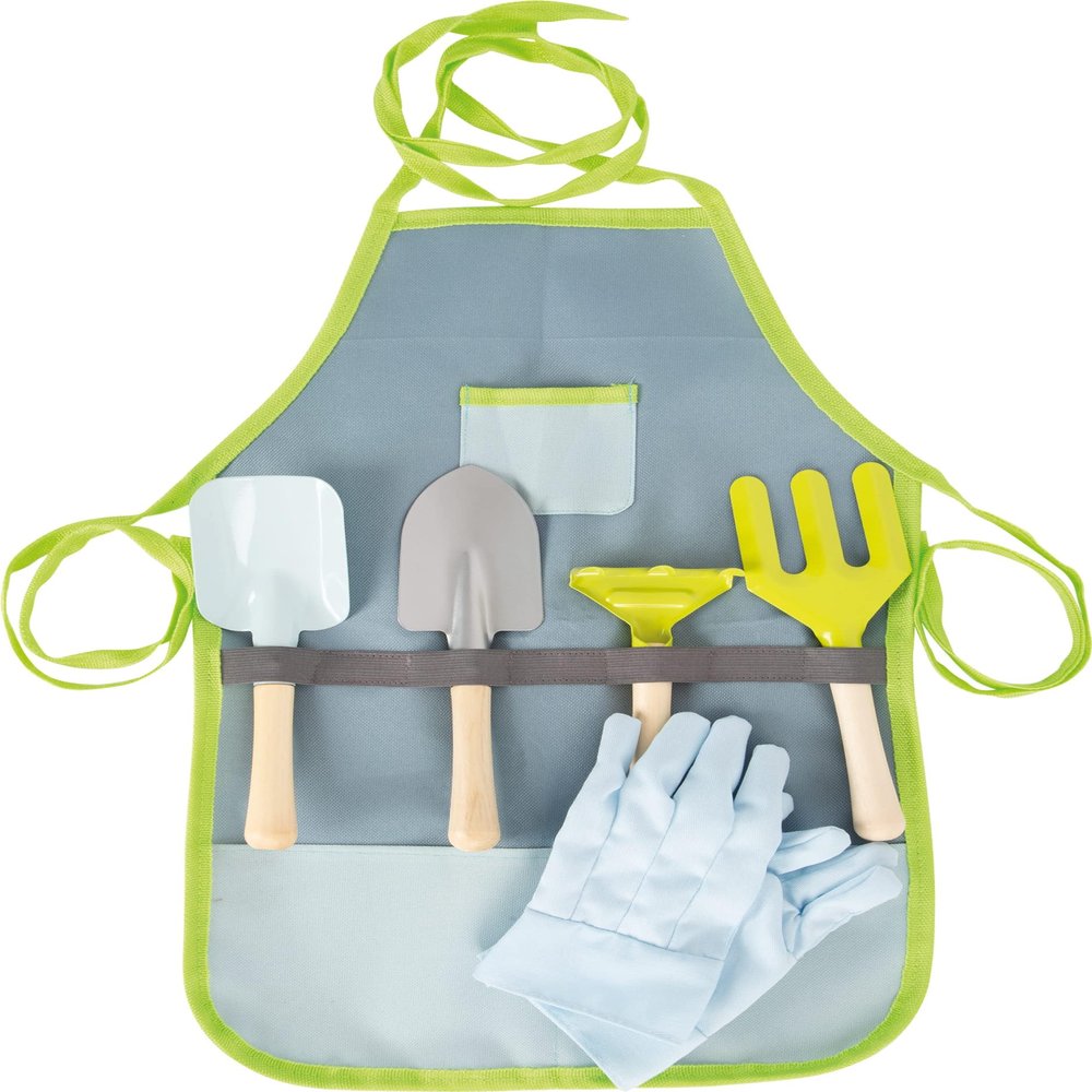 Gardening Tool Playset by Small Foot  7 Piece Kids Set Includes Apron, Gloves, Shovel, Rake, Trowel & Spade  Sturdy Metal Heads & Wooden Handles - Develops Motor Skills, Creative Play Ages 3+ years