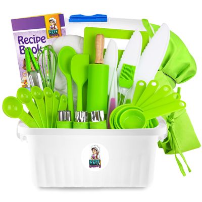KEFF Kids Kitchen Set for Cooking & Baking with Recipe Book - Kids Knife Set for Real Cooking, Montessori Kitchen Tools for Toddlers - Real Utensils with Cutting Board and Knifes BPA-Free