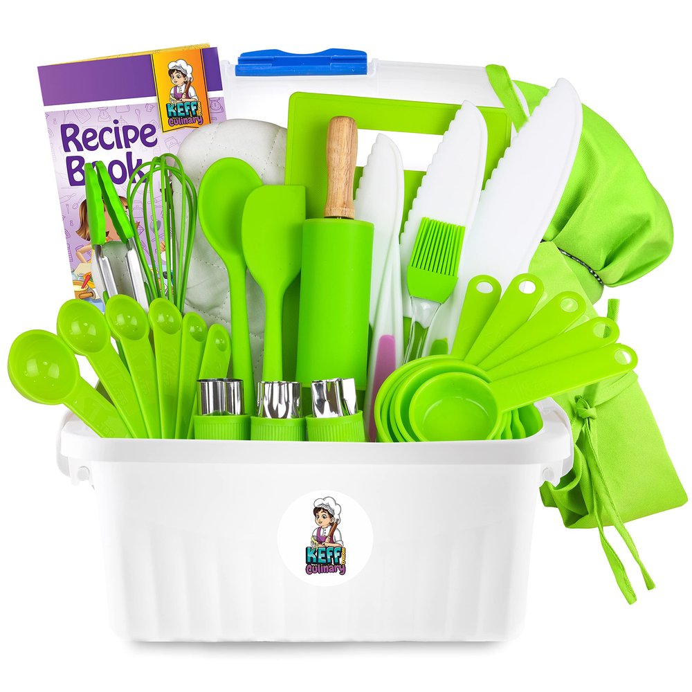 KEFF Kids Kitchen Set for Cooking & Baking with Recipe Book - Kids Knife Set for Real Cooking, Montessori Kitchen Tools for Toddlers - Real Utensils with Cutting Board and Knifes BPA-Free