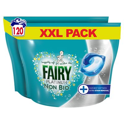 Fairy Non Bio PODS Washing Liquid Washing Capsules 120 Washes (61x2), Platinum, with Extra Stain Removal for Sensitive Skin