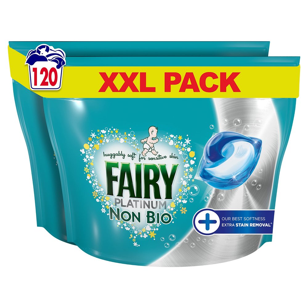 Fairy Non Bio PODS Washing Liquid Washing Capsules 120 Washes (61x2), Platinum, with Extra Stain Removal for Sensitive Skin