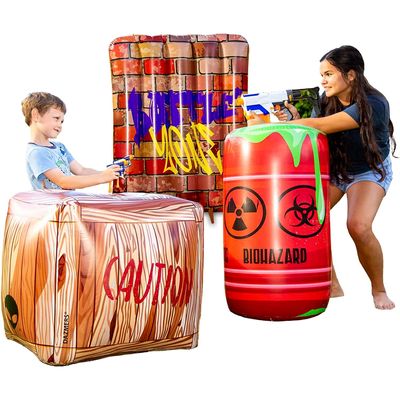 Dazmers Inflatable Battle Obstacles Set - Inflatable Bunker Fort - 3 Inflatable Barriers - Barrel, Container Box and Wall - Laser Tag, Paintball, Dart Blaster, Water and Airsoft Guns