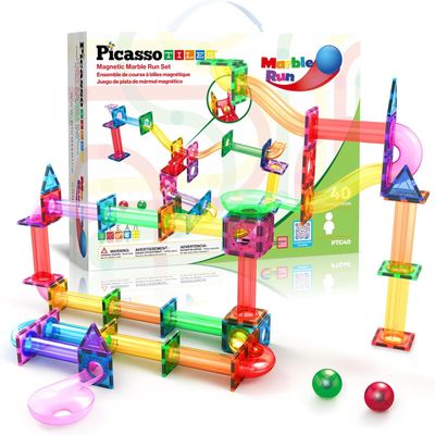 PicassoTiles Magnetic Tiles Marble Run Building Blocks Rainbow Color with Slide Drop Funnels Tubes STEM Educational Toy Set Compatible Durable Construction Kit for Kids Age 3+ Preschool Learning PTG40
