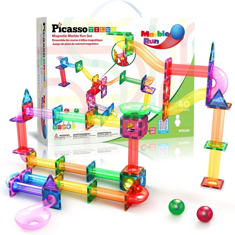 PicassoTiles Magnetic Tiles Marble Run Building Blocks Rainbow Color with Slide Drop Funnels Tubes STEM Educational Toy Set Compatible Durable Construction Kit for Kids Age 3+ Preschool Learning PTG40