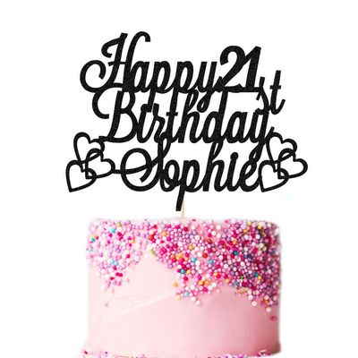 Personalized Happy Birthday Cake Topper | Custom Birthday Cake Decoration with Any Name Any Age 16 18 21 40 60 | Double Sided Glitter Card | Black
