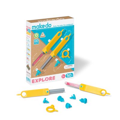 Makedo Explore | Upcycled Cardboard Construction Toolkit in Small Toolbox (50 Pieces) | STEM + STEAM Educational Toys for at Home Play + Classroom Learning | Reusable Tools for Boys and Girls Age 5+