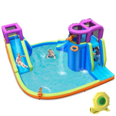 BOUNTECH Inflatable Water Slide Park, 15x14.5FT Mega Kids Waterslide Outdoor w/Dual Slides&Climbing for Racing Fun, Splash Pool, Blow up Water Slides Inflatables for Big Kids Backyard Party Gifts