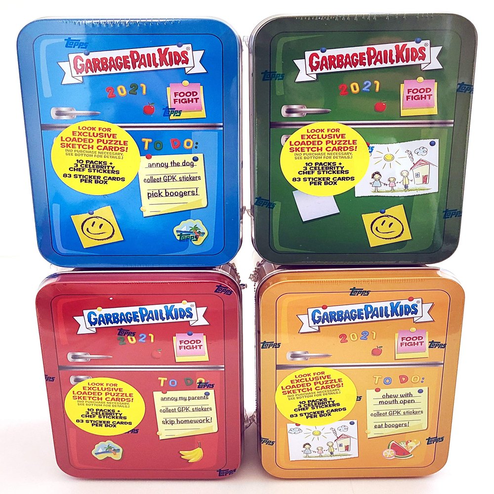 Garbage Pail Kids Topps Food Fight Blue, Green, Red & Orange Set of 4 Trading Card Collector Tins