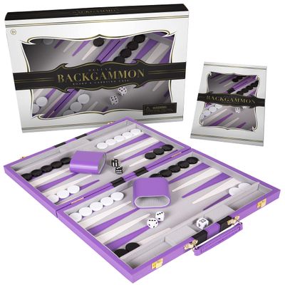 Premium Backgammon 18 Inches Large Purple - Backgammon Sets for Adults and Kids - Leatherette Back Gammon Board Game Set - Travel Backgammon Set Board Encased with Accessories
