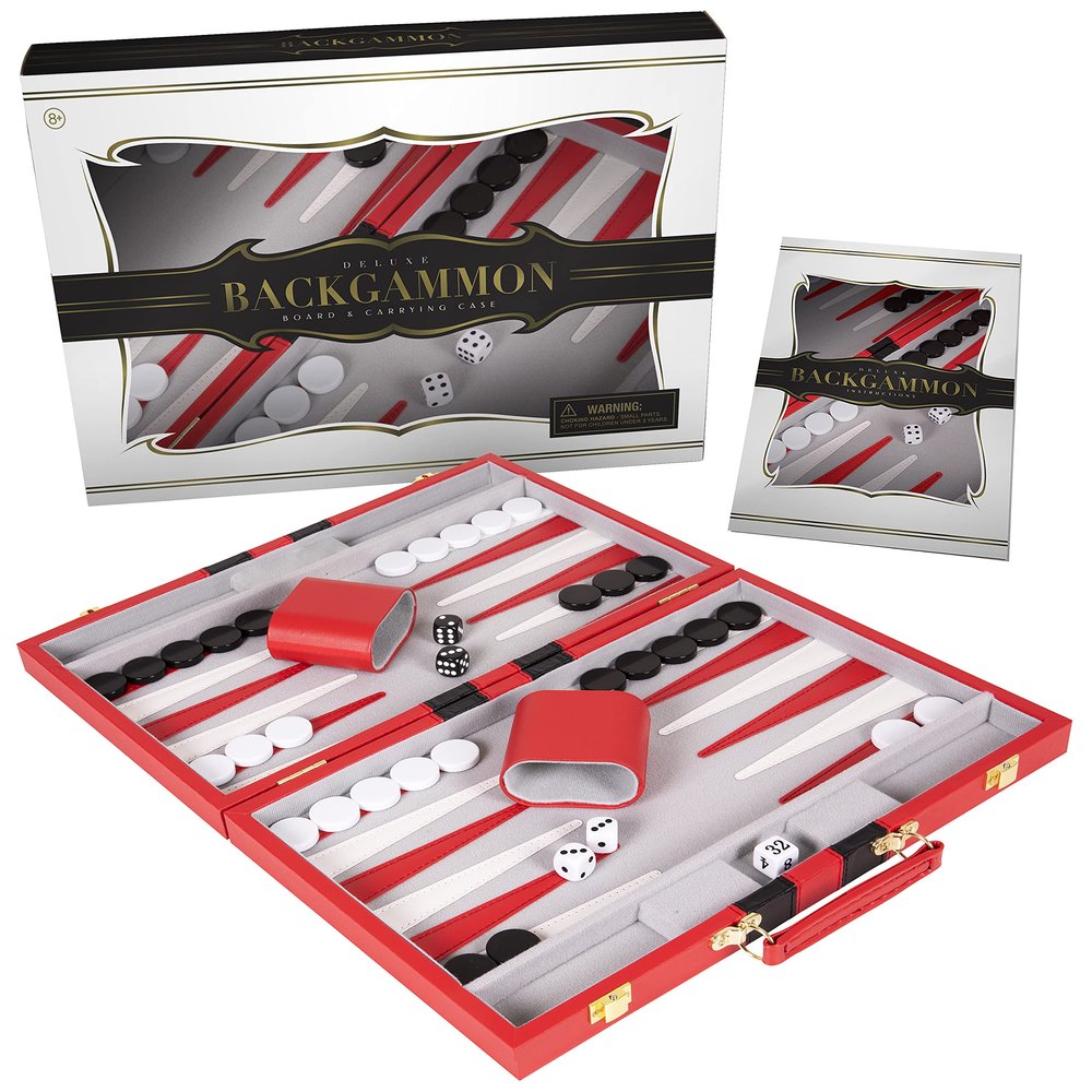 Premium Backgammon 18 Inches Large Red - Backgammon Sets for Adults and Kids - Leatherette Back Gammon Board Game Set - Travel Backgammon Set Board Encased with Accessories