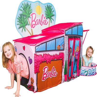 Barbie Dreamhouse Extra Large Pop Up Play Tent with Crawl Tunnel and Ball Pit, Over 7 feet Long, Playhouse Toy Folds Into Storage Bag, 20 Play Balls Included, Gift for Toddlers and Kids 3+