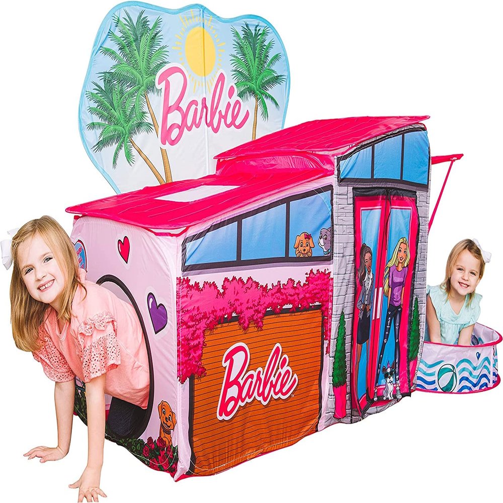 Barbie Dreamhouse Extra Large Pop Up Play Tent with Crawl Tunnel and Ball Pit, Over 7 feet Long, Playhouse Toy Folds Into Storage Bag, 20 Play Balls Included, Gift for Toddlers and Kids 3+