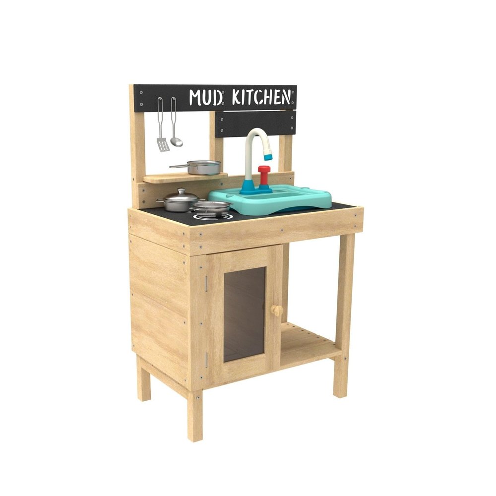 TP Toys Mud Play Kitchen For Kids - Indoor, Outdoor Toddler Toys Wooden Kitchen Playset w/ Accessories, Sink with Faucet, Durable, Weatherproof, Chalkboard, Wood Burner Stencils, Easy Assembly, Age 3+