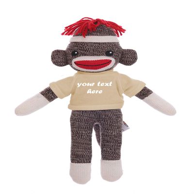 Plushland Cute Brown Sock Monkey 8 Inch, Stuffed Animal Personalized Gift - Custom Text on Shirt - Great Present for Mothers Day, Valentine Day, Graduation Day, Birthday (Tan)