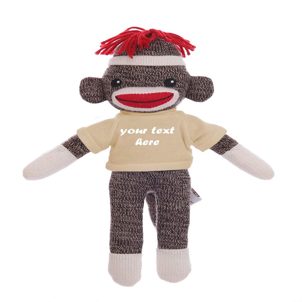 Plushland Cute Brown Sock Monkey 8 Inch, Stuffed Animal Personalized Gift - Custom Text on Shirt - Great Present for Mothers Day, Valentine Day, Graduation Day, Birthday (Tan)