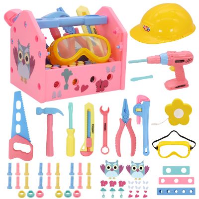 Magic4u Toy Tool Set Girl Pretend Play Construction Tool Accessories Tool Toys with Hat Tool Box Tape Measure Toy Electric Drill Hammer