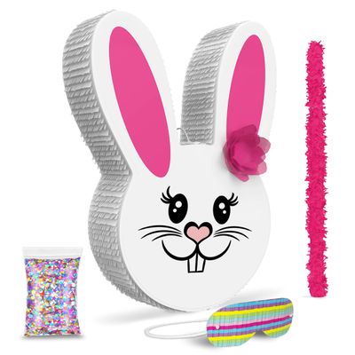 Jergrim Girl Easter Bunny Piata Bundle 17x10x 3 with stick, blindfold and a small confetti bag Perfect for Easter Sunday Celebration, Bunny Theme Parties, Party Dcor