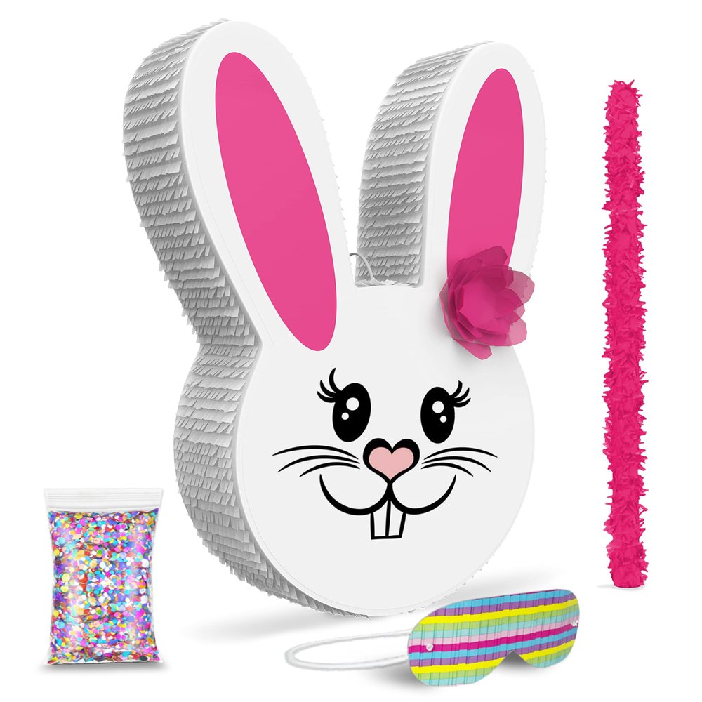 Jergrim Girl Easter Bunny Piata Bundle 17x10x 3 with stick, blindfold and a small confetti bag Perfect for Easter Sunday Celebration, Bunny Theme Parties, Party Dcor