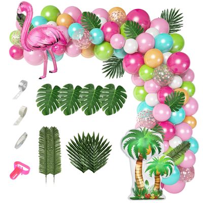 132Pcs Tropical Flamingo Balloons Garland Kit, Flamingo Foil Balloons Green Pink Aqua Blue Confetti Balloon Palm Leaves Baby Shower Hawaiian Luau Birthday Party Decorations Supplies