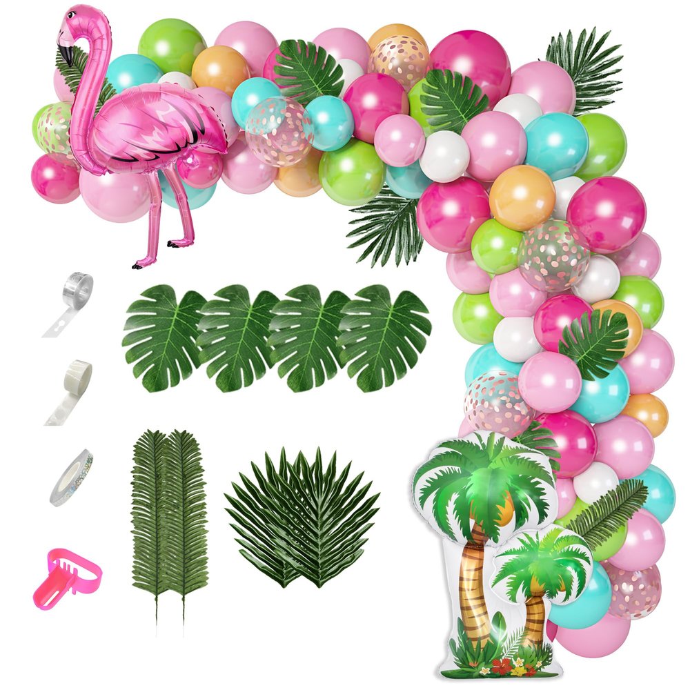 132Pcs Tropical Flamingo Balloons Garland Kit, Flamingo Foil Balloons Green Pink Aqua Blue Confetti Balloon Palm Leaves Baby Shower Hawaiian Luau Birthday Party Decorations Supplies