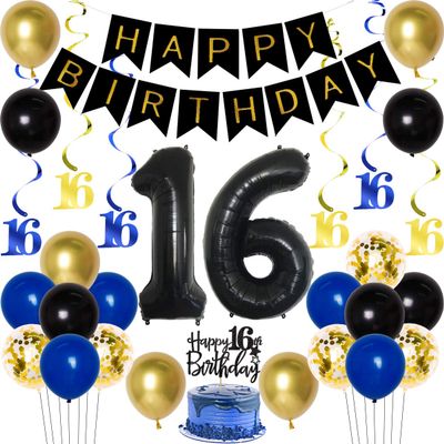 16th Birthday Decorations for Boys Royal Blue Gold, Happy Birthday Banner & Cake Toppers, Jumbo 16 Balloon, Hanging Swirls for Guys Sixteen Birthday Party Supplies