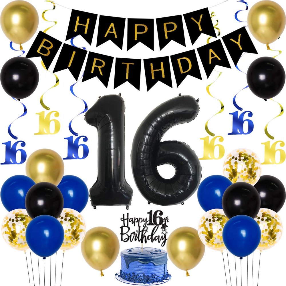 16th Birthday Decorations for Boys Royal Blue Gold, Happy Birthday Banner & Cake Toppers, Jumbo 16 Balloon, Hanging Swirls for Guys Sixteen Birthday Party Supplies