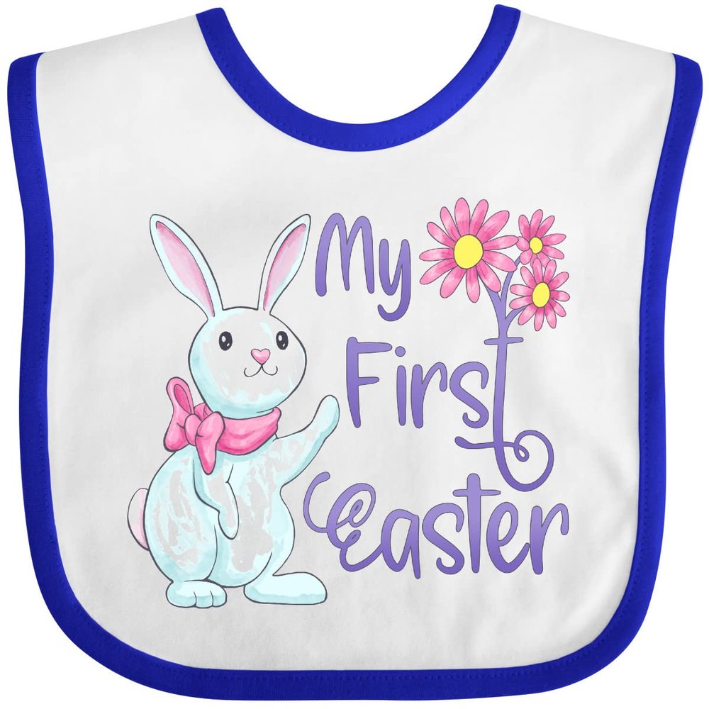 inktastic My 1st Easter Cute White Bunny with Spring Flowers Baby Bib White and Royal 3e82a
