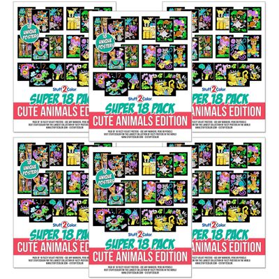 Stuff2Color Super Pack of 18 Fuzzy Coloring Posters (Cute Animals Edition) - Arts & Crafts Kit for Kids and Adults - Bulk Coloring Activity, Group Project or Team Building Activity (6 Pack Bundle)