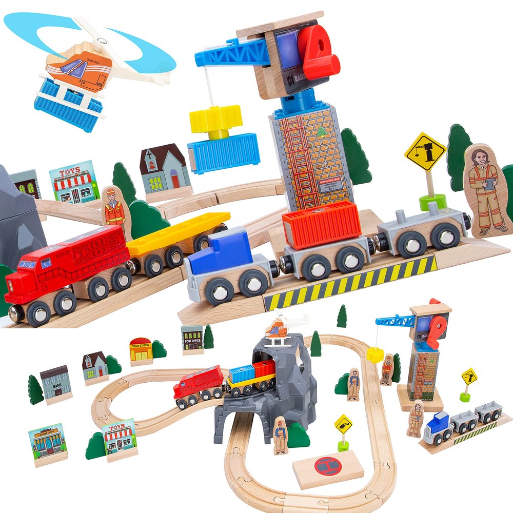 Wooden Train Set Kids Lift & Load Magnetic Crane Helicopter Semi Truck Shipping Containers Diesel Engine STEM Construction Playset Compatible with Thomas Brio Wooden Railway Toy for Toddlers Starter