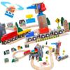 Wooden Train Set Kids Lift & Load Magnetic Crane Helicopter Semi Truck Shipping Containers Diesel Engine STEM Construction Playset Compatible with Thomas Brio Wooden Railway Toy for Toddlers Starter view 1