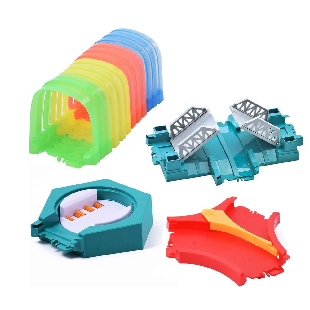 QUOXO Toy Track Accessory Combination Replacement Only, Tunnel,Intersaction Bridge, Y Cross and Rotation Disk Tracks Cars Accessories