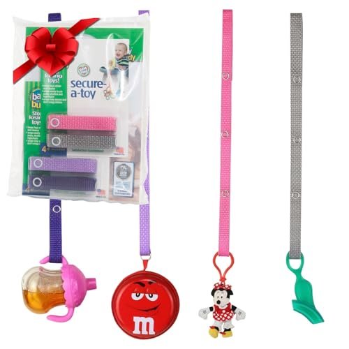 Baby Buddy Secure-A-Toy, Safety Strap Secures Toys, Teether, Pacifiers to Strollers, Highchairs, Car Seats, Adjustable Length Keep Toys Sanitary, Registry Must Haves, Purple-Lilac-Pink-Gray, 4 Count