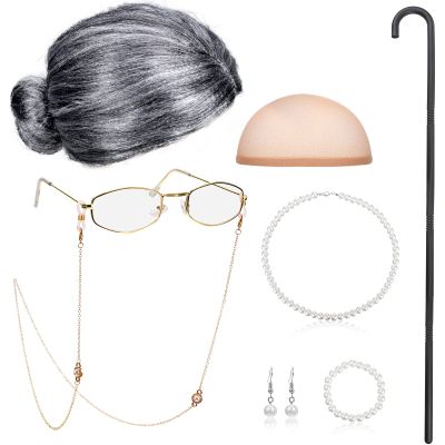 BBTO 100 Days of School Old Lady Costume for Kids Grandma Gray Wig Walking Cane Glasses Chain Cords Faux Pearl Bead Necklace(Gray Bun Wig)