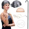 BBTO 100 Days of School Old Lady Costume for Kids Grandma Gray Wig Walking Cane Glasses Chain Cords Faux Pearl Bead Necklace(Gray Bun Wig) view 2