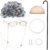 BBTO 100 Days of School Old Lady Costume for Kids Grandma Gray Wig Walking Cane Glasses Chain Cords Faux Pearl Bead Necklace(Gray Curly Wig) view 1