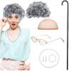 BBTO 100 Days of School Old Lady Costume for Kids Grandma Gray Wig Walking Cane Glasses Chain Cords Faux Pearl Bead Necklace(Gray Curly Wig) view 2