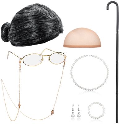 BBTO 100 Days of School Old Lady Costume for Kids Grandma Gray Wig Walking Cane Glasses Chain Cords Faux Pearl Bead Necklace(Black-Gray Bun Wig)