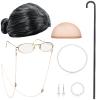 BBTO 100 Days of School Old Lady Costume for Kids Grandma Gray Wig Walking Cane Glasses Chain Cords Faux Pearl Bead Necklace(Black-Gray Bun Wig) view 1