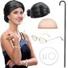 BBTO 100 Days of School Old Lady Costume for Kids Grandma Gray Wig Walking Cane Glasses Chain Cords Faux Pearl Bead Necklace(Black-Gray Bun Wig) view 2