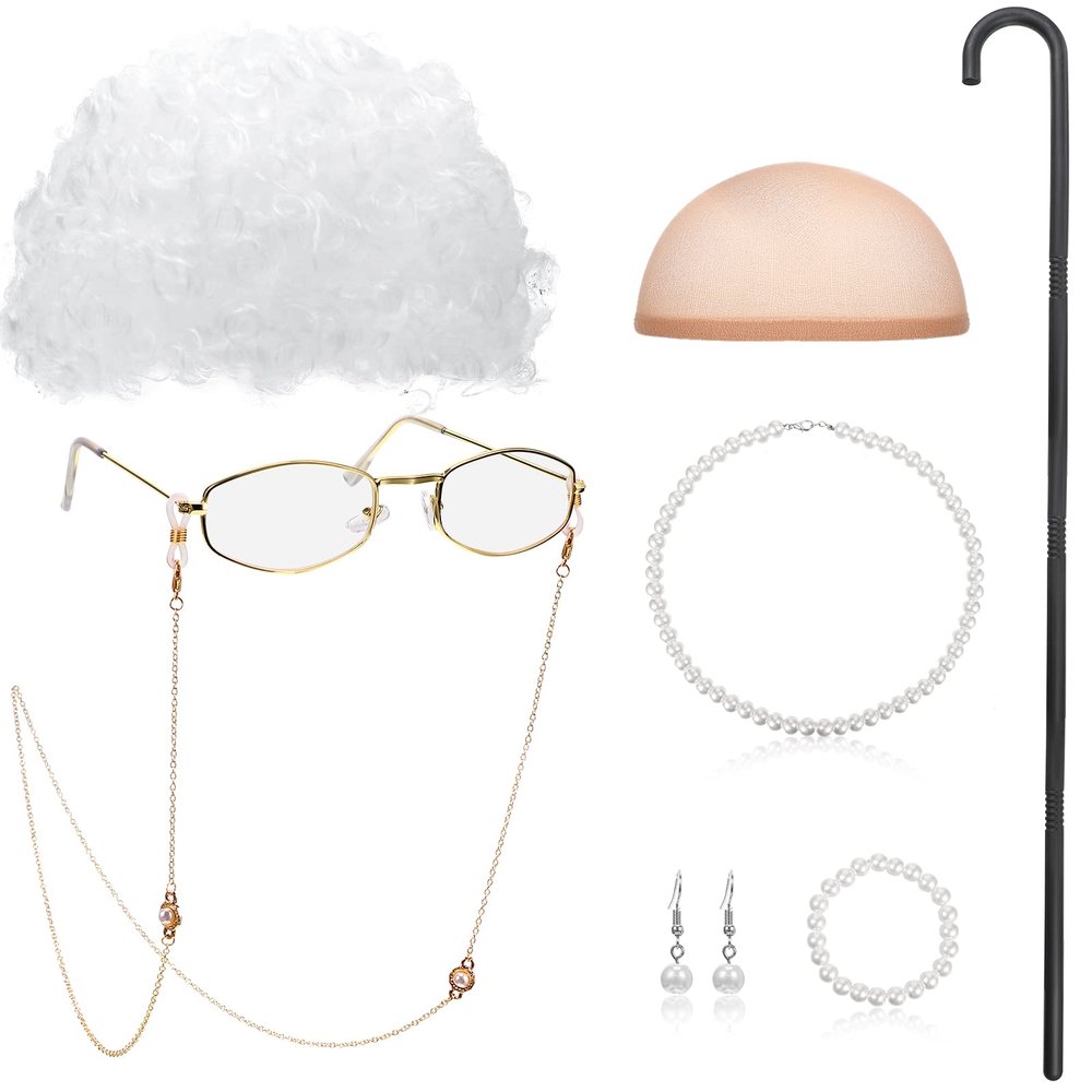 BBTO 100 Days of School Old Lady Costume for Kids Grandma Gray Wig Walking Cane Glasses Chain Cords Faux Pearl Bead Necklace(White Curly Wig)