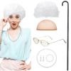 BBTO 100 Days of School Old Lady Costume for Kids Grandma Gray Wig Walking Cane Glasses Chain Cords Faux Pearl Bead Necklace(White Curly Wig) view 2