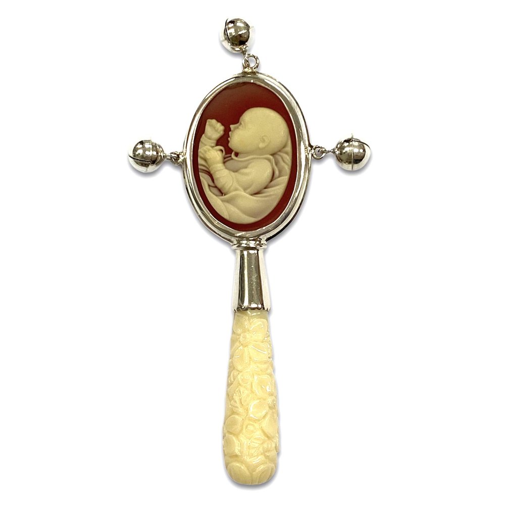 Victorian Style Baby Red Cameo Baby Rattle with Carved Resin Handle