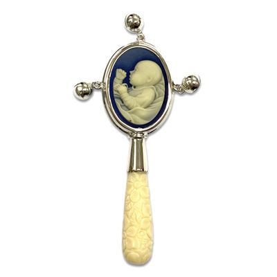 Victorian Style Baby Blue Cameo Baby Rattle with Carved Resin Handle
