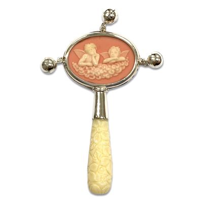 Victorian Style Cupids Pink Cameo Baby Rattle with Carved Resin Handle