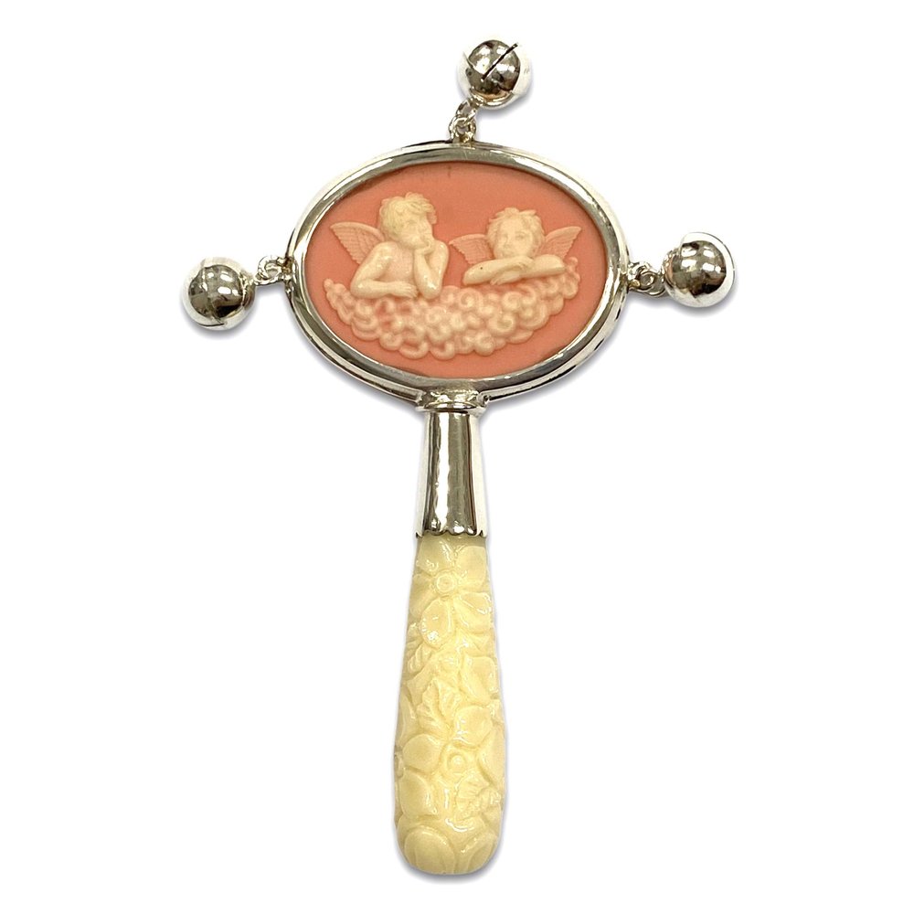 Victorian Style Cupids Pink Cameo Baby Rattle with Carved Resin Handle