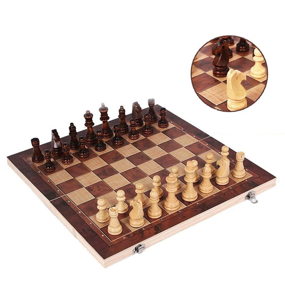 3 in 1 Folding Wooden Chess, Wooden Board Games Chess Set, Hand Carved Wood Chess Set, Checkers and Backgammon Games, Improve Your Creativity, Concentration and Intelligence (39x39cm)