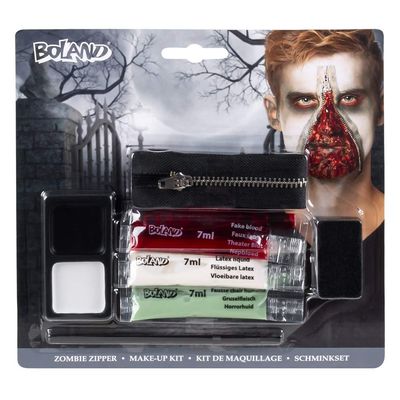Boland 10239349 45095 Zombie Set Fat Make Theatre Blood, Liquid Latex, 1 Bag of Scary Meat, 1 Sponge, 1 applicator, 1 Zip, Multicoloured, Standard Size