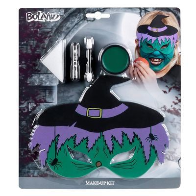 Boland 45097 Make-Up Set Little Witch (EVA Eye Mask, 1 Fat Make-Up, 1 Make-Up Pen, 1 Sponge and 1 Applicator), Unisex, Children, Multi-Colour, One Size